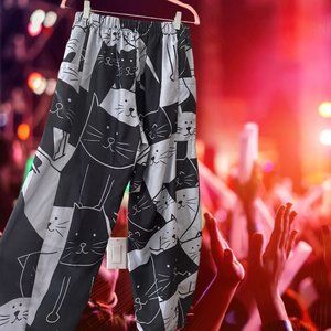 Women's Pants Mid Waist Cat Print Pocket Long Length Pants